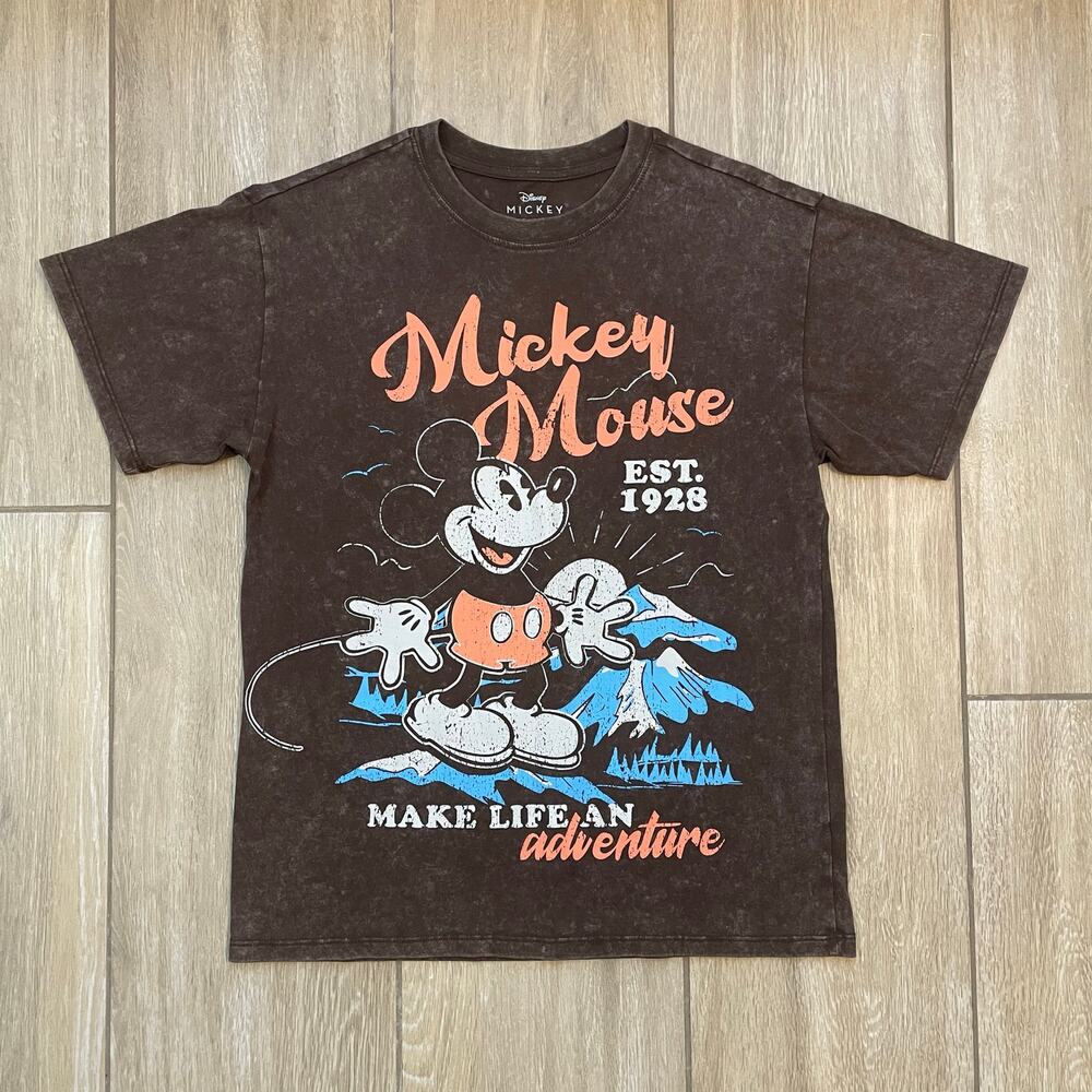 Disney Mickey Mouse Graphic Tee Small Brown Washed Distressed Adventure Shirt